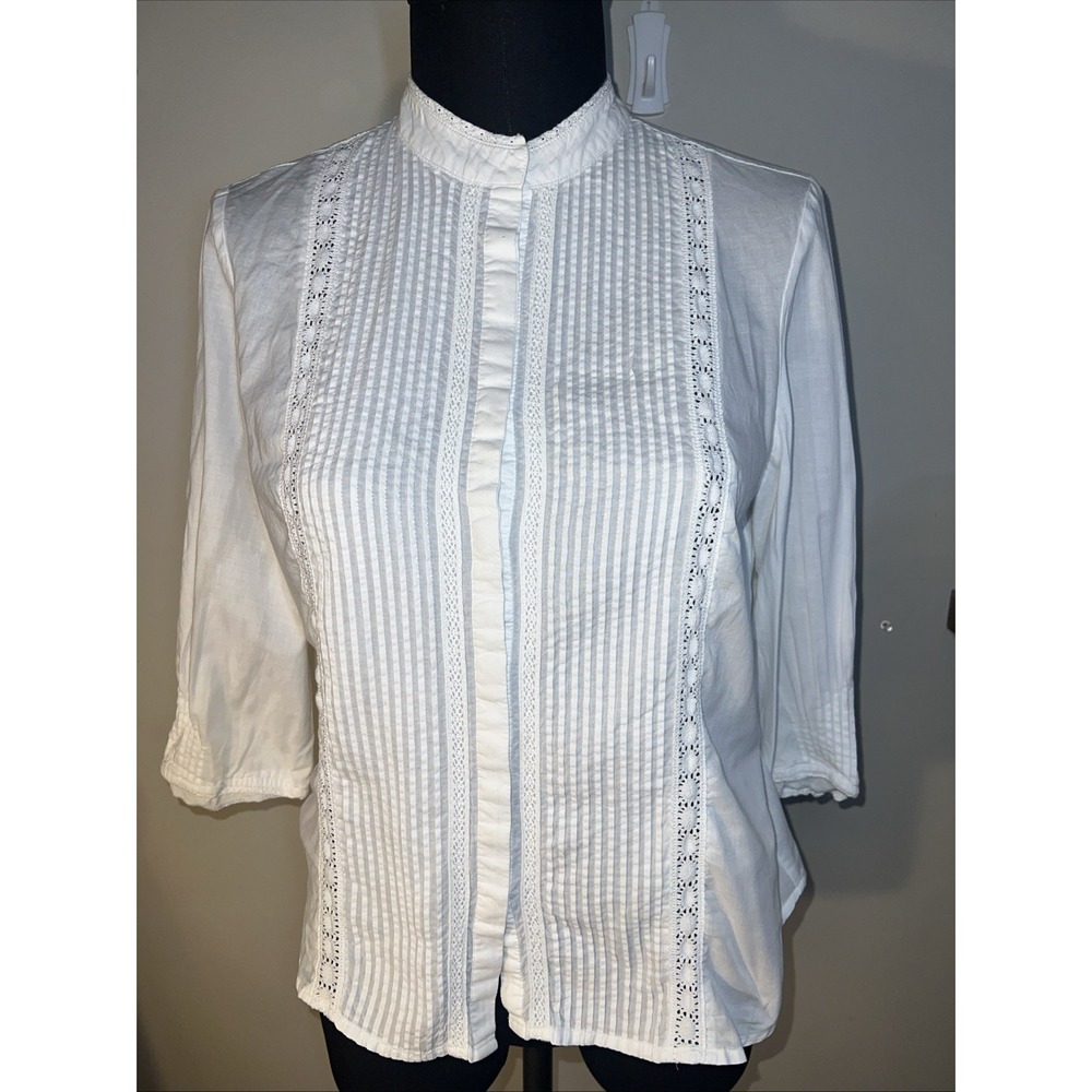 Vintage Jones Wear Blouse‎ White Pleated Front Lace Detail Sz 10 100% Cotton